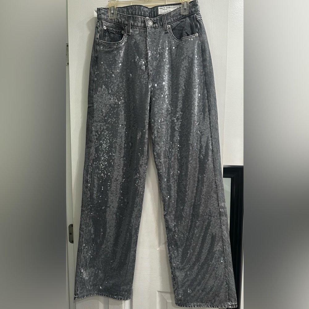 rag & bone Silver Sequin Wide-Leg Jeans
